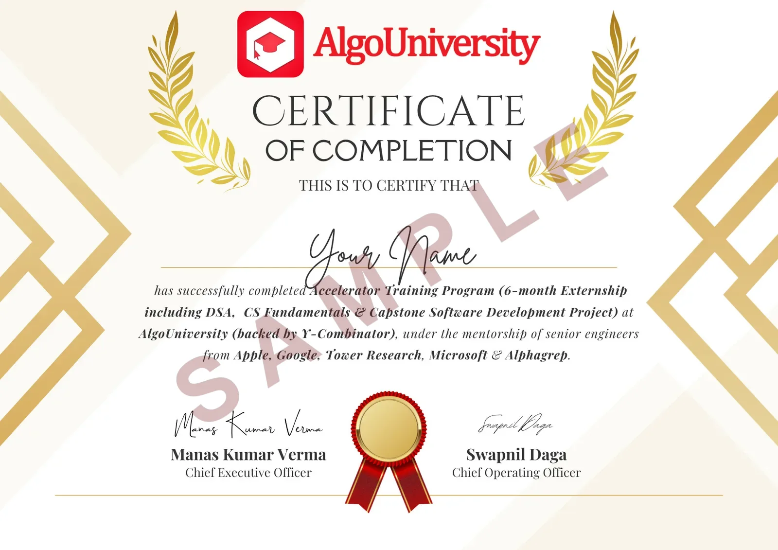 Sample: AlgoUniversity Accelerator Training Program certificate of completion, signed by the CEO and COO