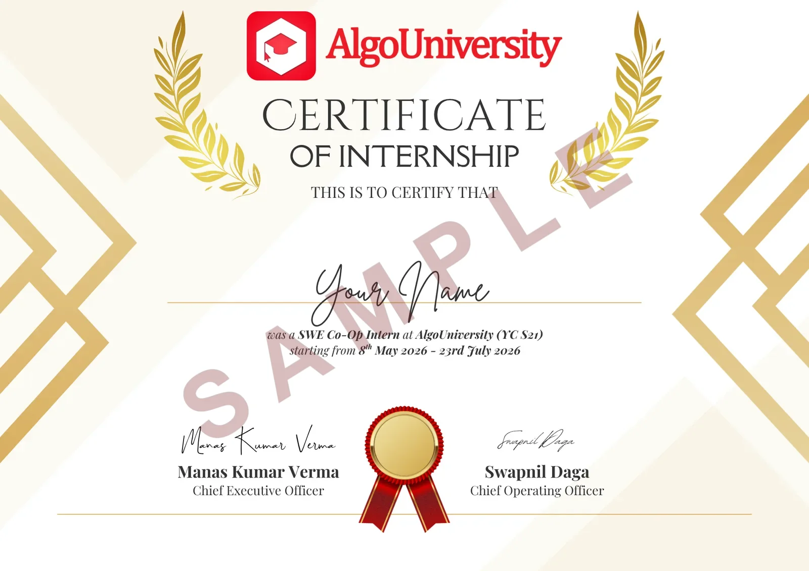 Sample: AlgoUniversity certificate of internship for the Accelerator Camp externship, naming the holder a SWE Co-Op Intern, signed by the CEO and COO