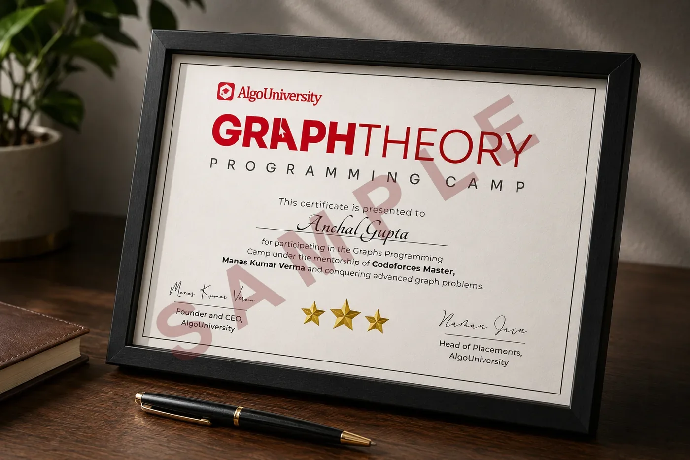 Framed AlgoUniversity Graph Theory Programming Camp certificate