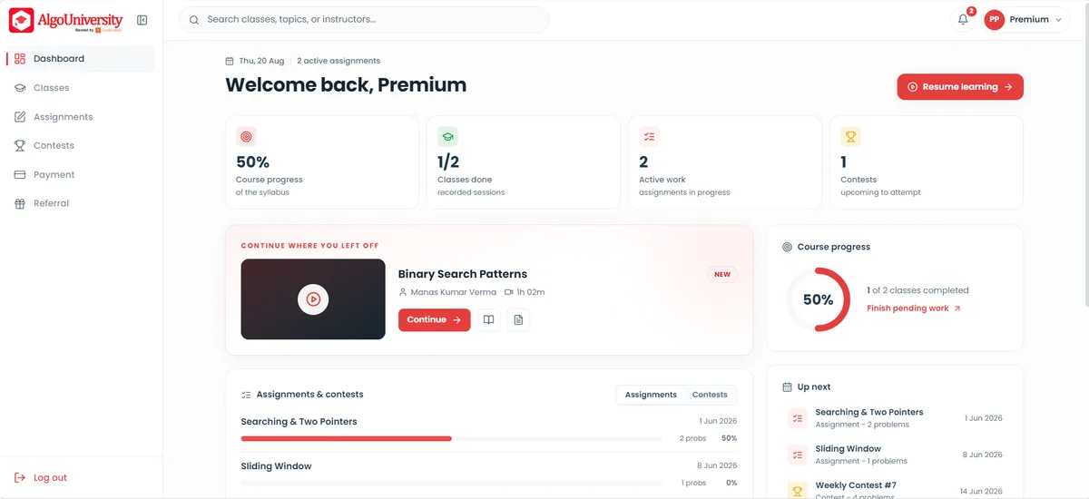 The AlgoUniversity student dashboard: course progress, classes, assignments and upcoming contests