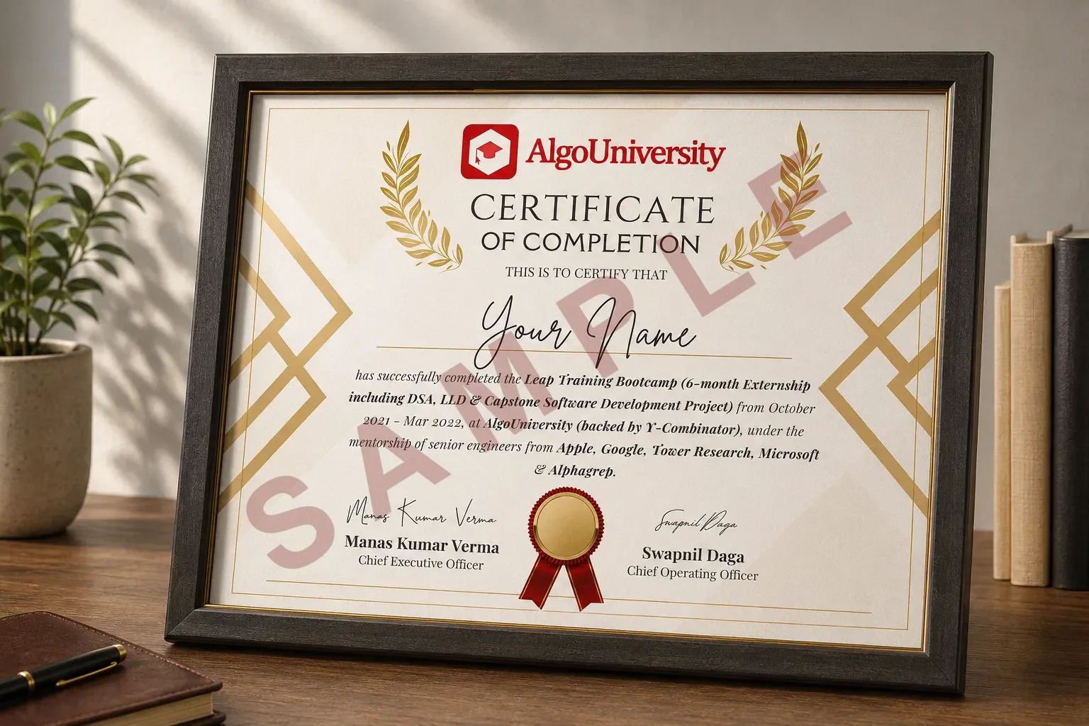 The AlgoUniversity Leap Training Bootcamp certificate, framed and standing on a desk
