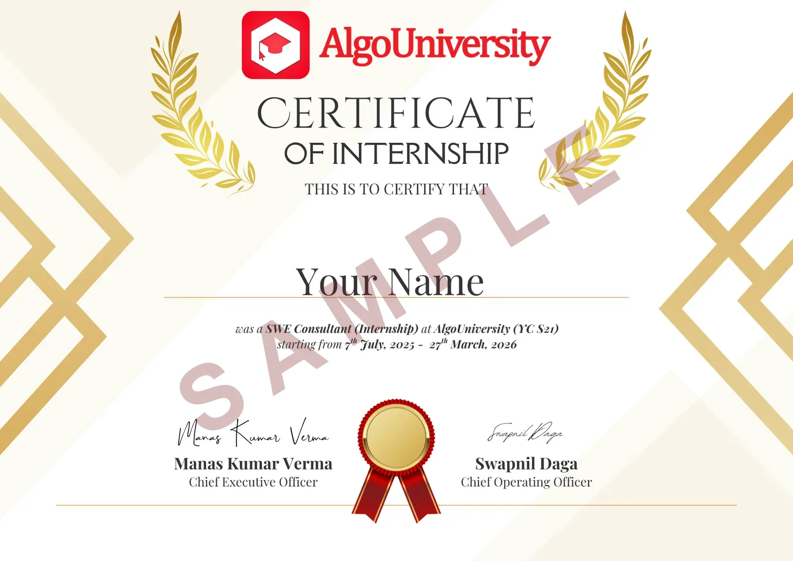 Sample: AlgoUniversity certificate of internship for the Leap Camp externship, naming the holder a SWE Consultant, signed by the CEO and COO