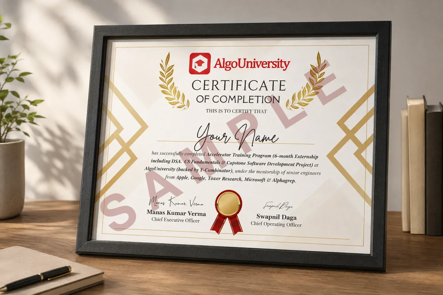 The AlgoUniversity Accelerator Training Program certificate, framed and standing on a desk