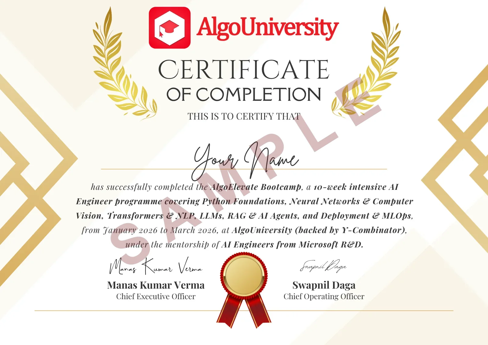Sample: AlgoUniversity AlgoElevate Bootcamp certificate of completion for the 10-week AI Engineer programme, signed by the CEO and COO