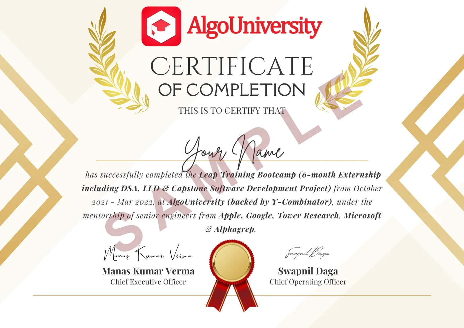 Sample: AlgoUniversity Leap Training Bootcamp certificate of completion, signed by the CEO and COO