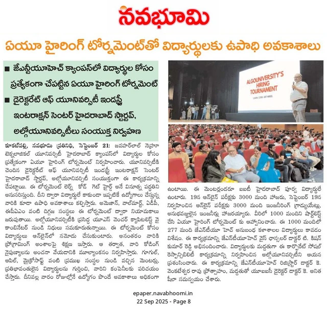 A clipping from the Telugu daily Navabhoomi, dated 22 September 2025, reporting the AlgoUniversity hiring tournament at JNTU Hyderabad
